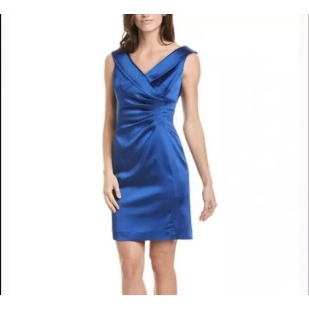 Tahari Women's Dress Tahari ASL Blue Satin Sleeveless Ruched Sheath Size 6P NWT